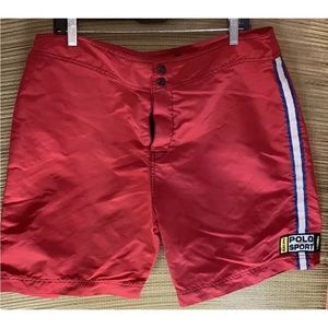 Ralph Lauren POLO SPORT Red Board Shorts Size 36 White Blue Stripes